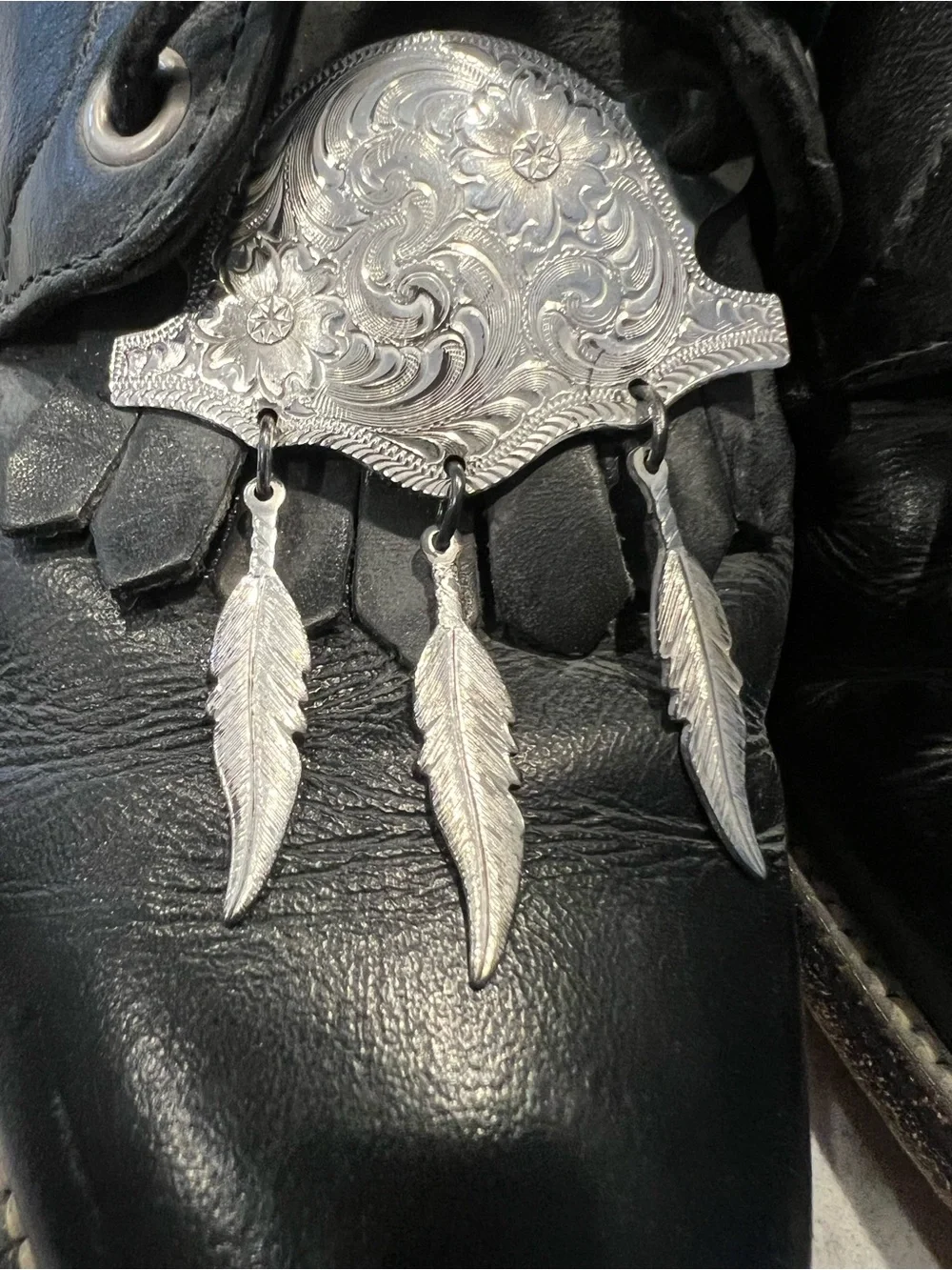 Montana Silversmiths Silver Engraved Boot Topper Kilties with Feather Dangles